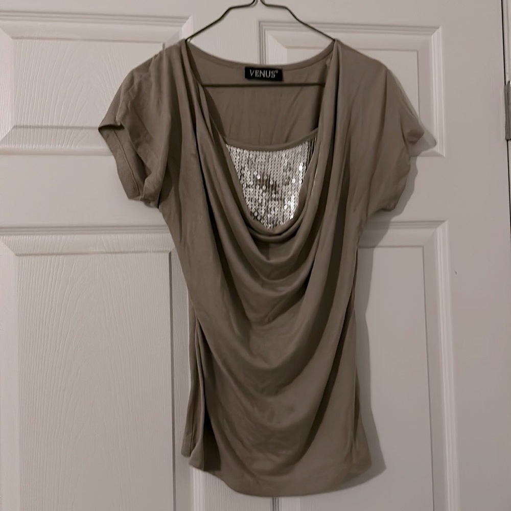 Venus tan colored sequin top.  Draped neck with sequin cami sewn in.